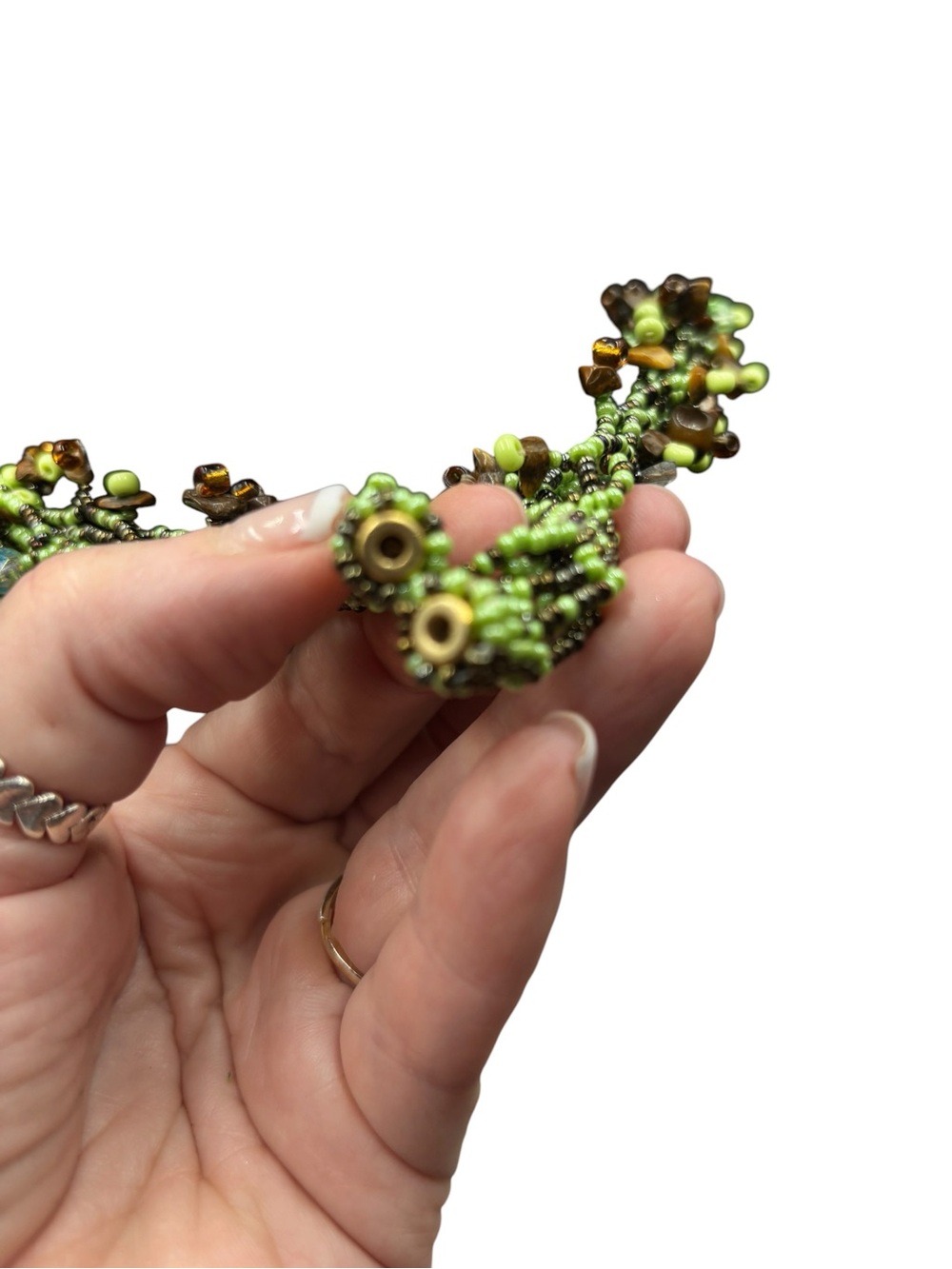 Green Seed Bead & Tiger Eye Chip Statement Necklace 18” | Boho Artisan - Picture 6 of 6